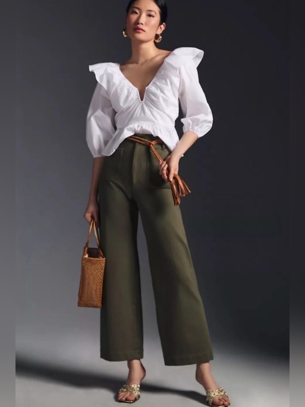 MAEVE Colette Ponte Wide-Leg Crop Pants Olive Green 27